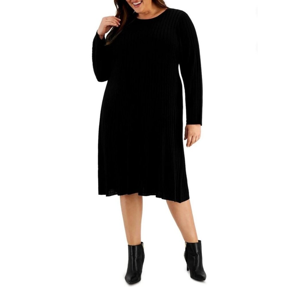 Calvin Klein Womens Plus Knit Ribbed Sweater Dress Black Long Sleeves size 1X
